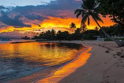 Warm sunset over a Samoan beach with palm trees — the pull of the Pacific islands